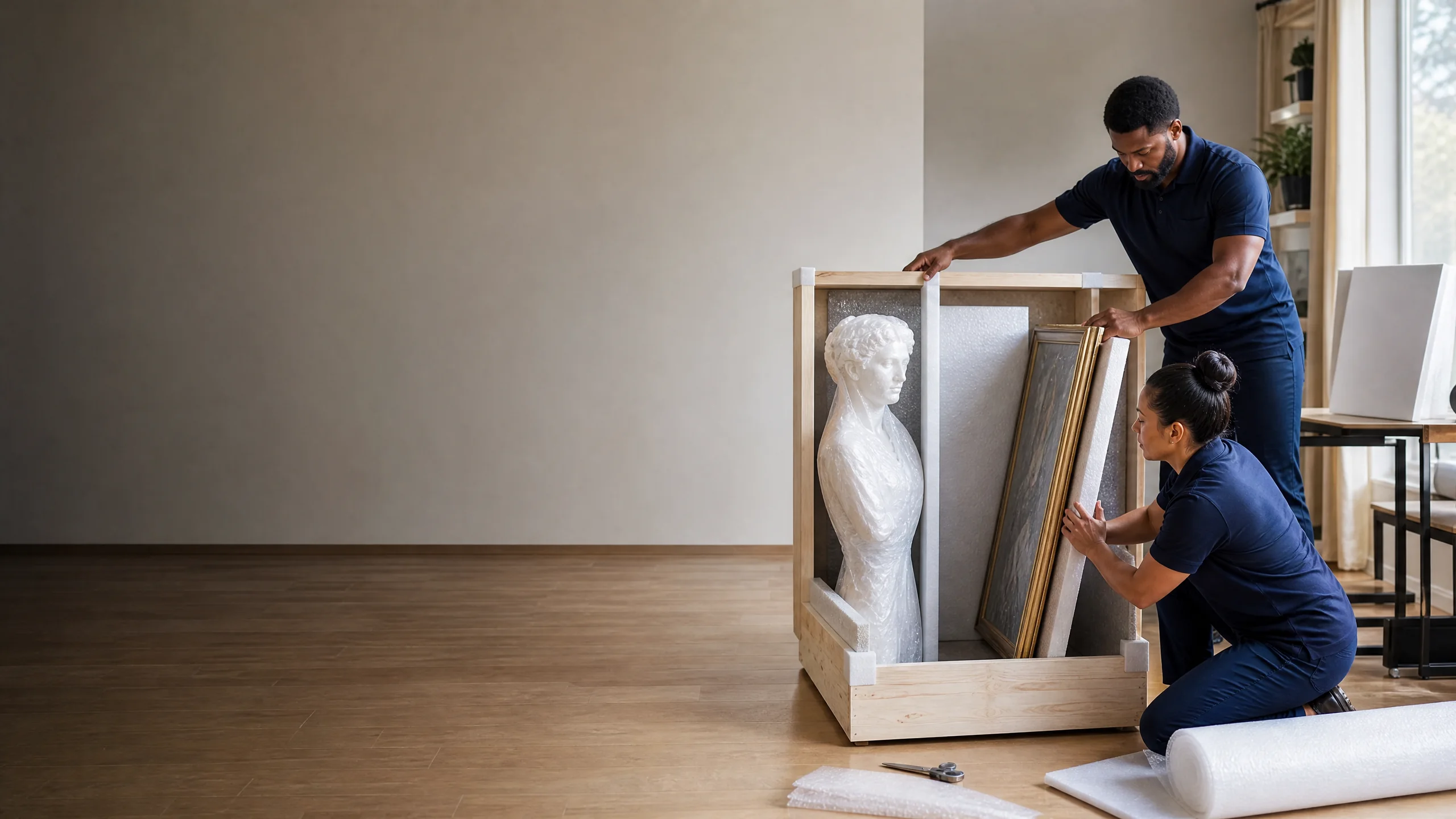 Packing specialists preparing a custom wooden crate for a fragile item