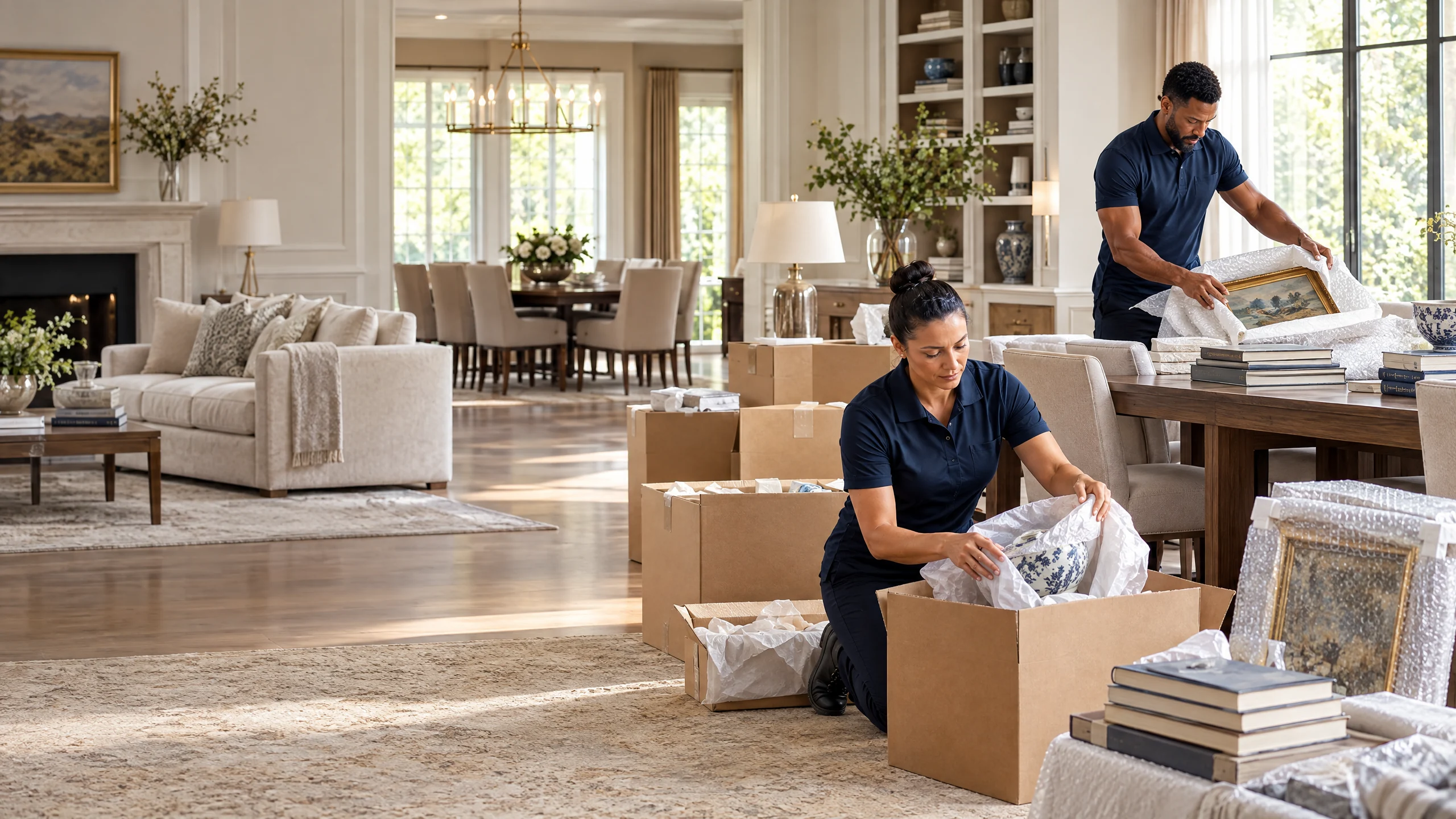 Professional packers organizing estate belongings with care