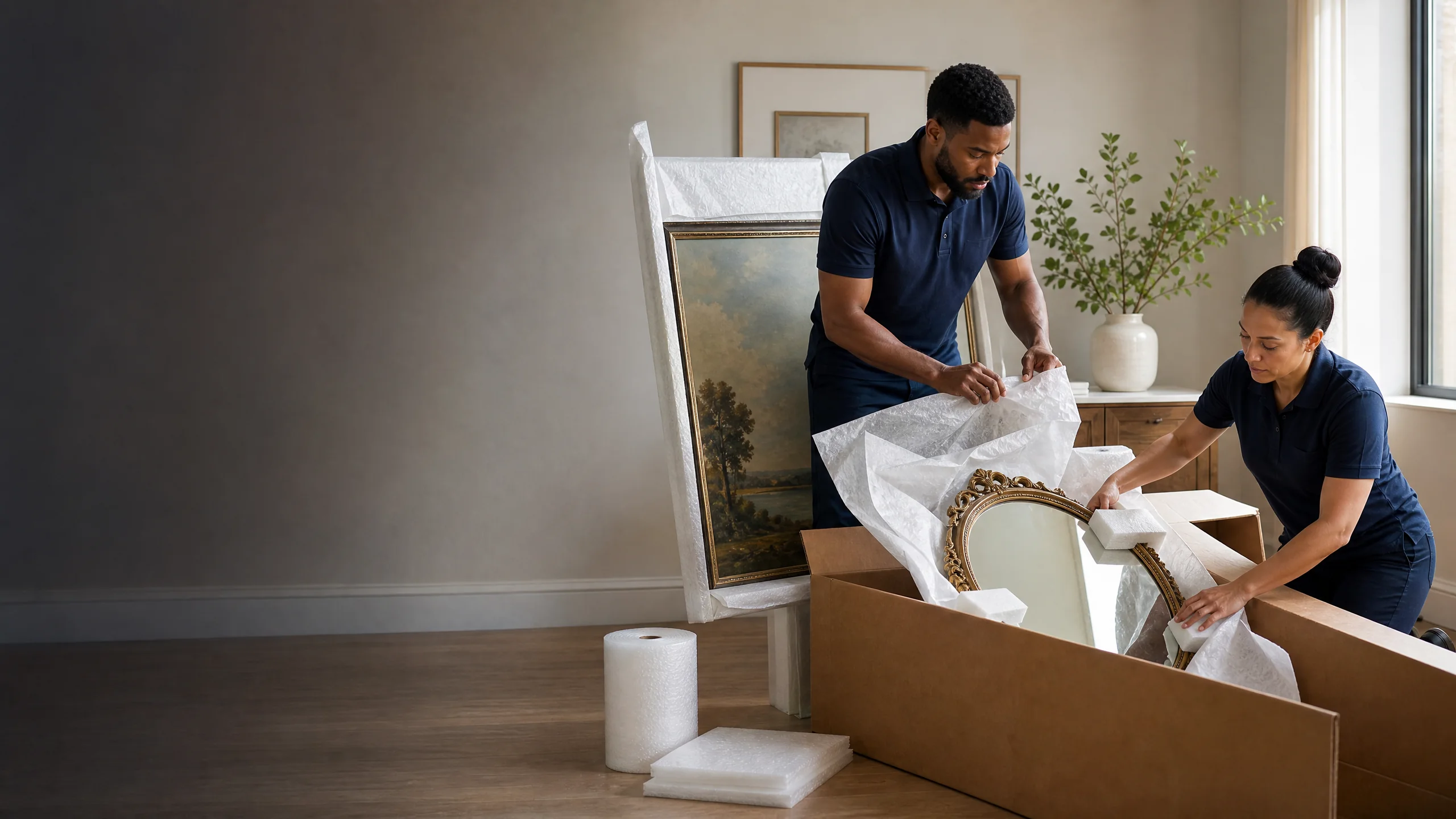 Packing specialists protecting framed artwork and antiques