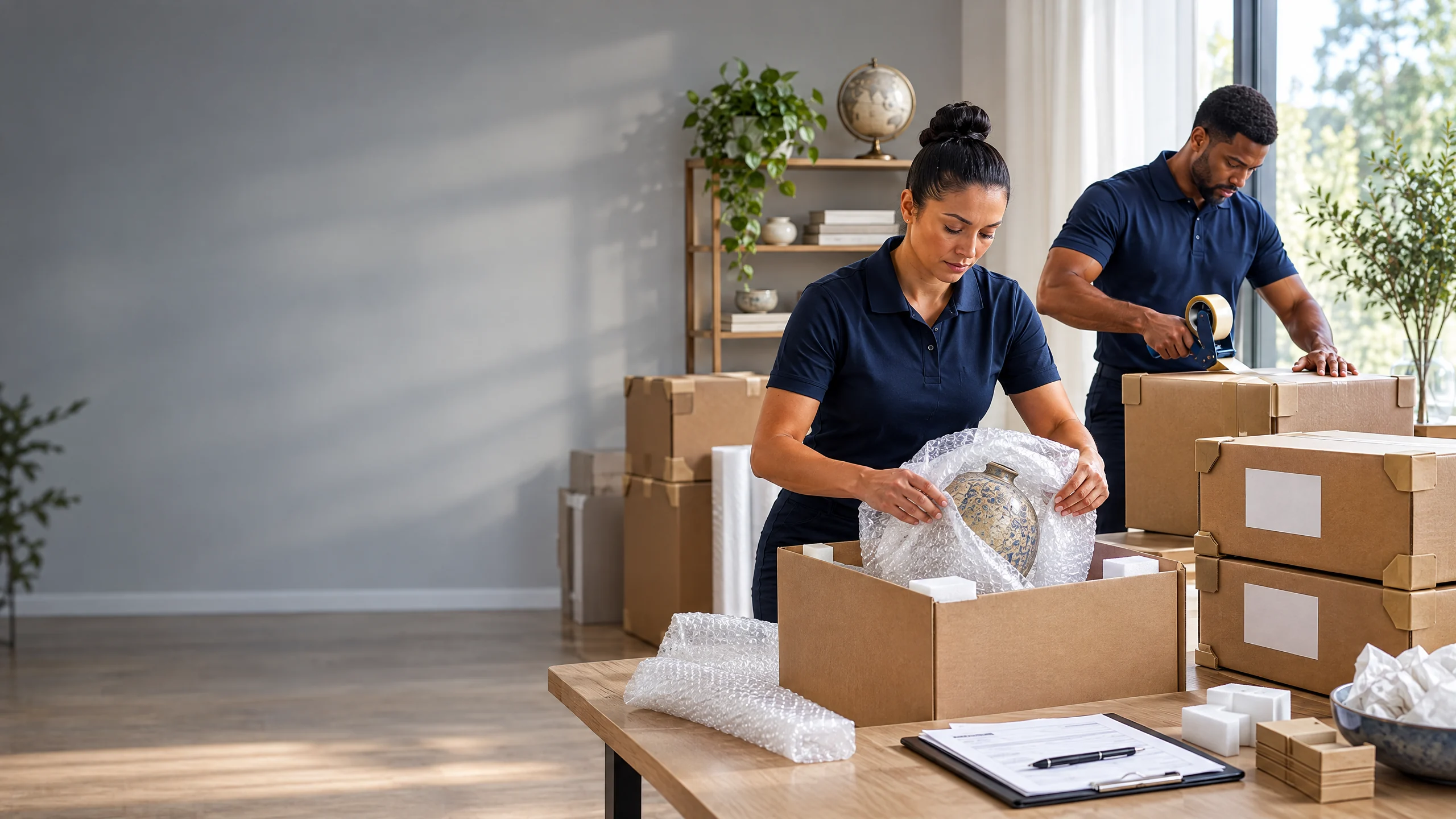 Professional packers preparing household goods for international transport