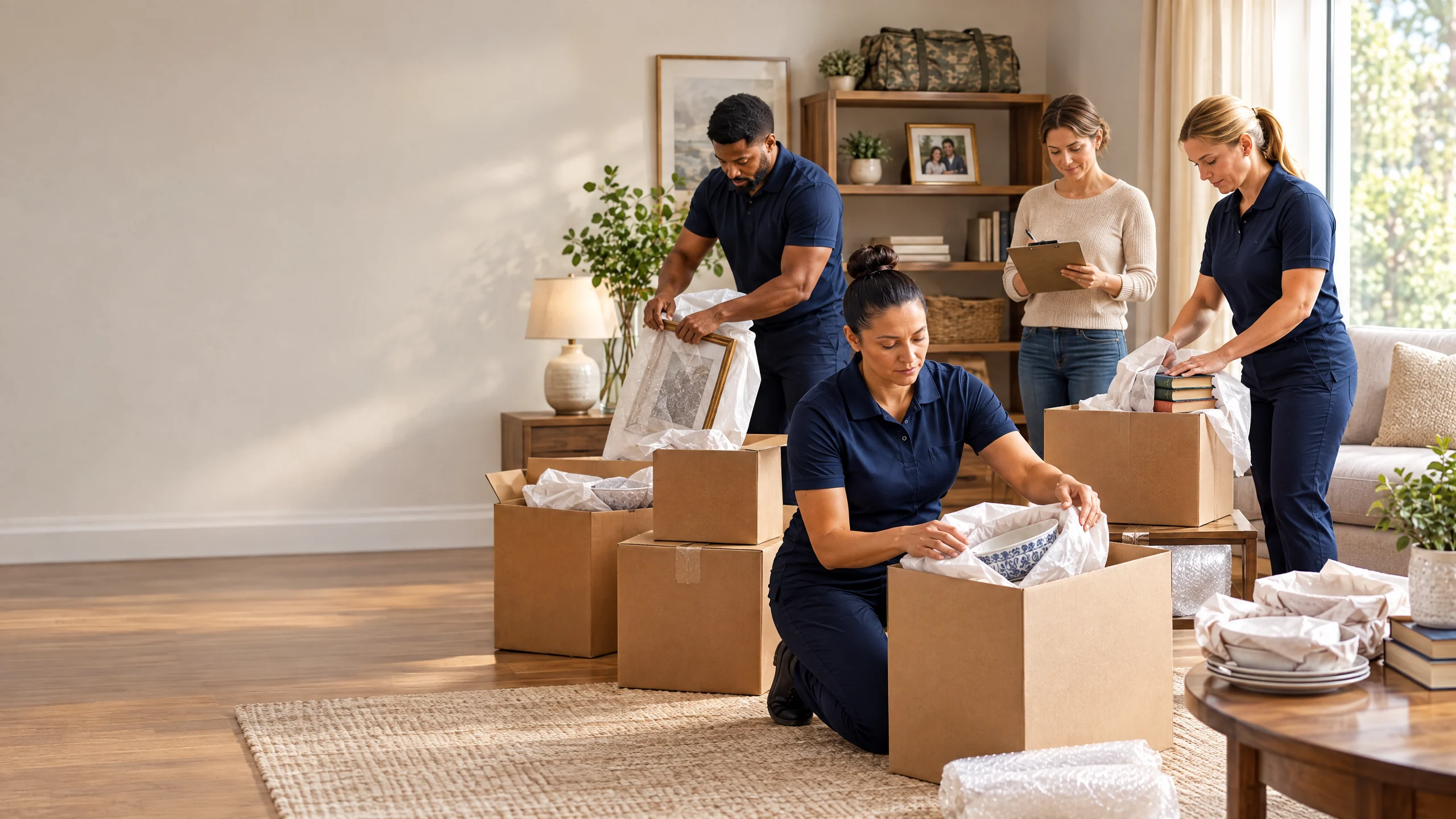Professional packers organizing household goods for a military family