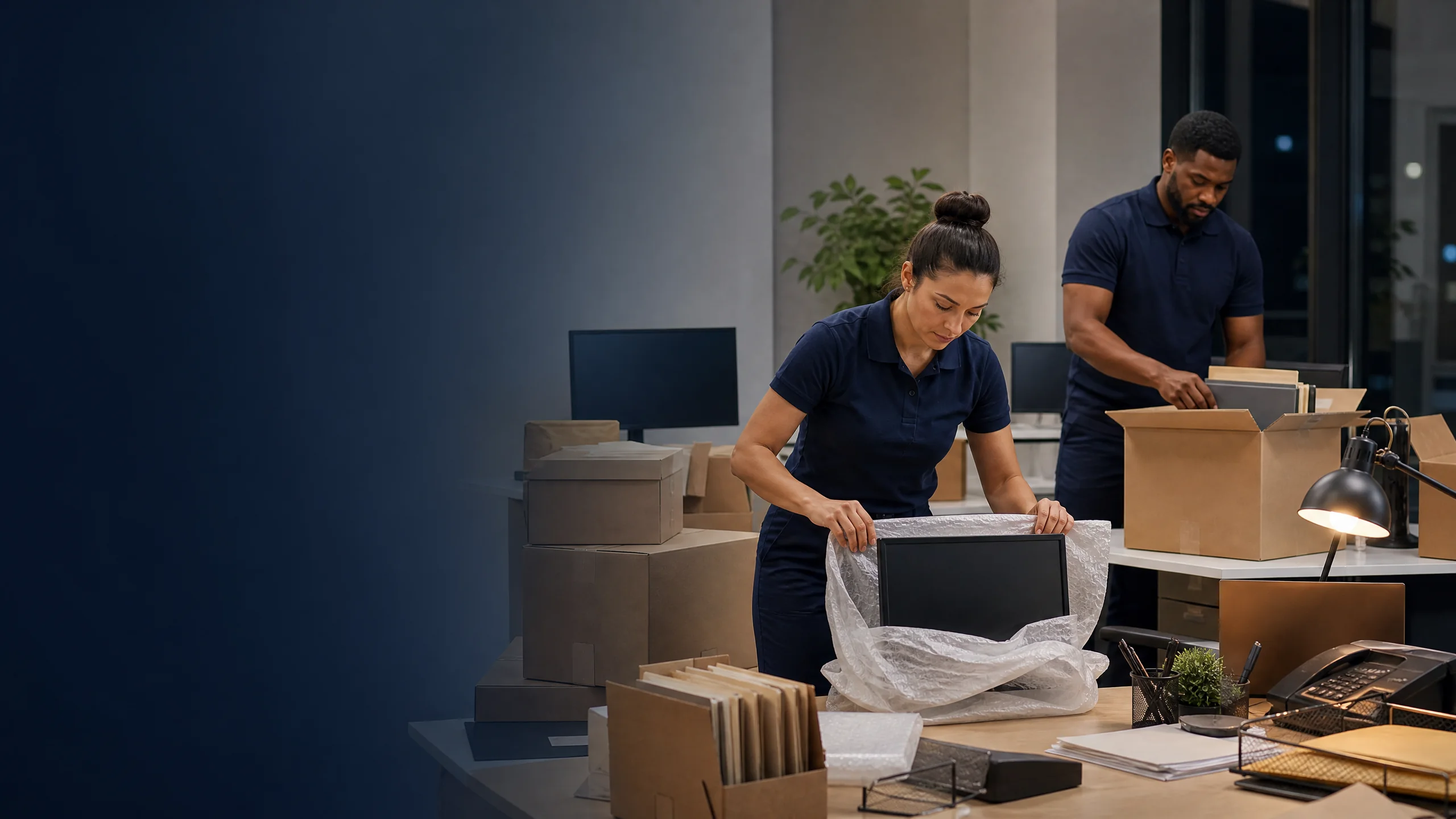 Professional team packing office equipment and files