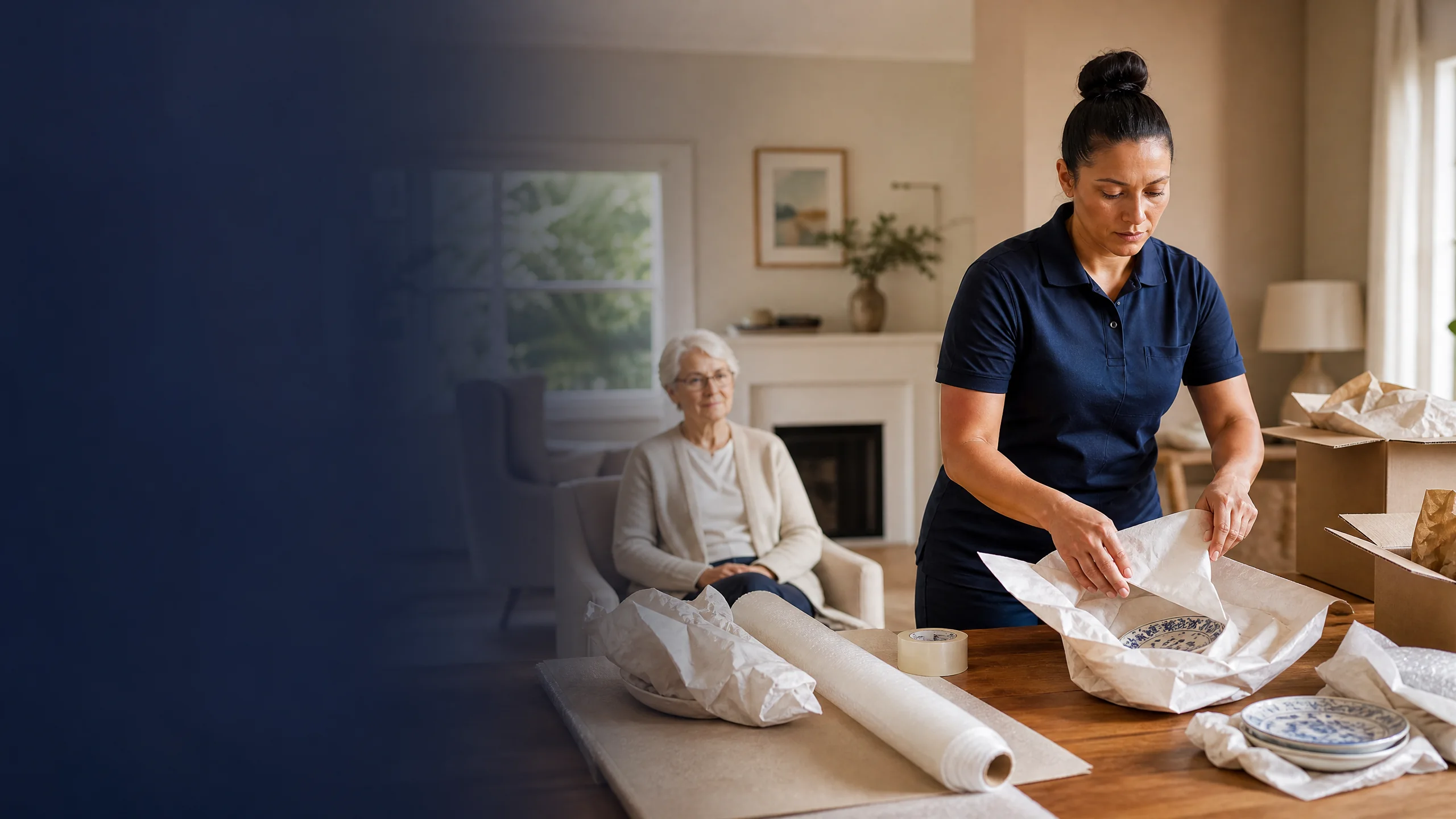 Packing specialist carefully assisting with senior home packing