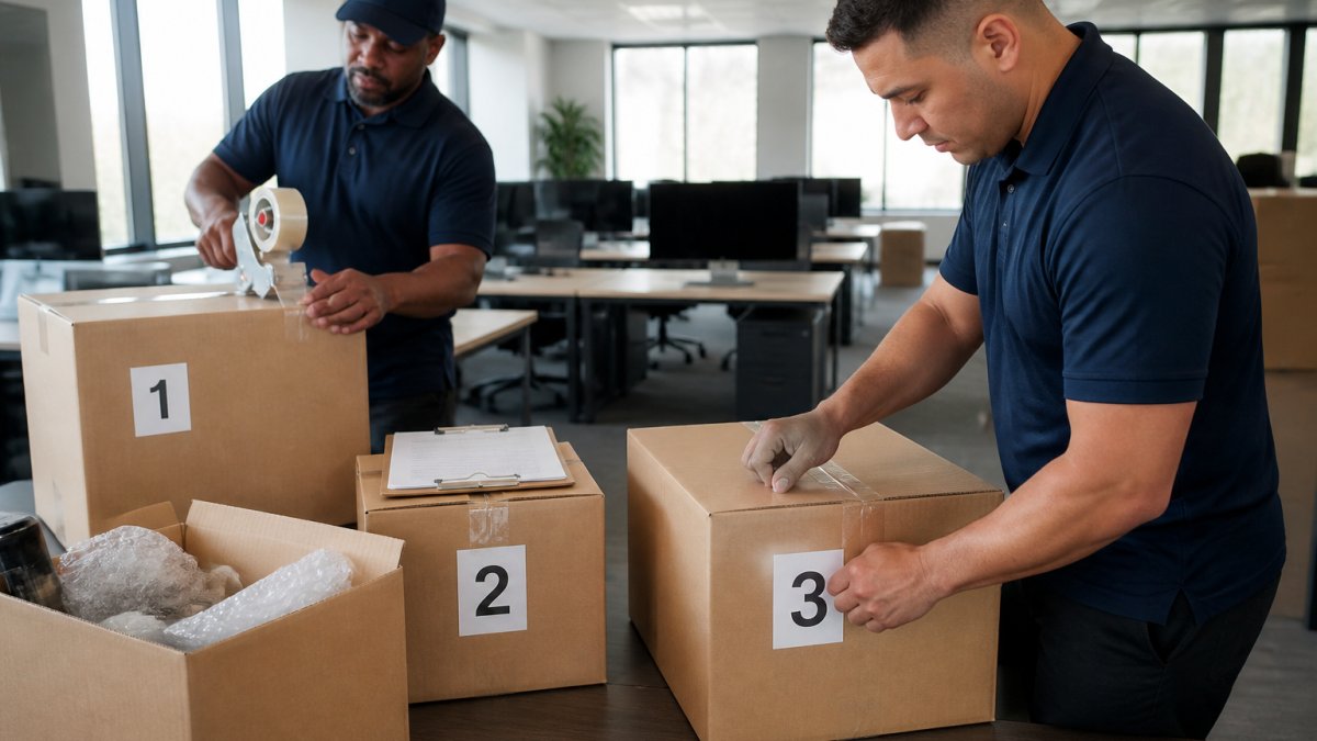 Professional packers labeling boxes with a checklist during an office relocation in a bright workspace