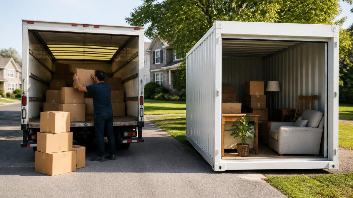 Person loading cardboard boxes into a rental truck for moving services in a sunny suburban driveway