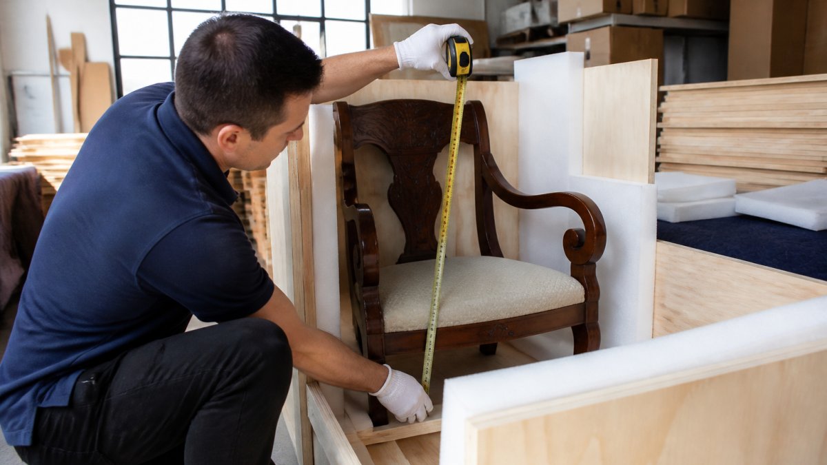 Professional packer measuring an antique chair for custom crating to ensure the benefits of professional crating.