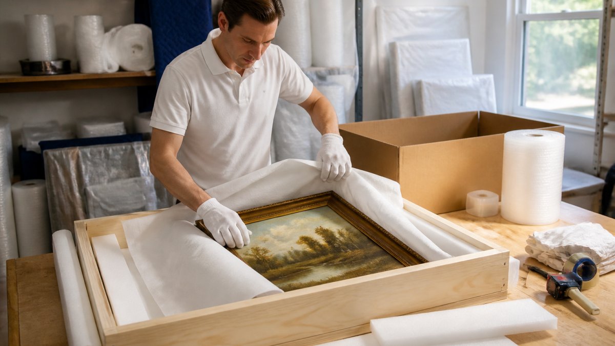 Packing specialist using white gloves to secure art in a crate, the best packing service for estate sales in action.
