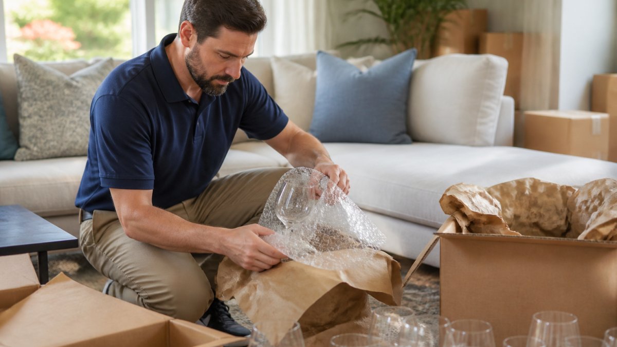 Professional packing specialist carefully wrapping delicate glassware with protective bubble wrap and kraft paper in a residential living room with natural window lighting