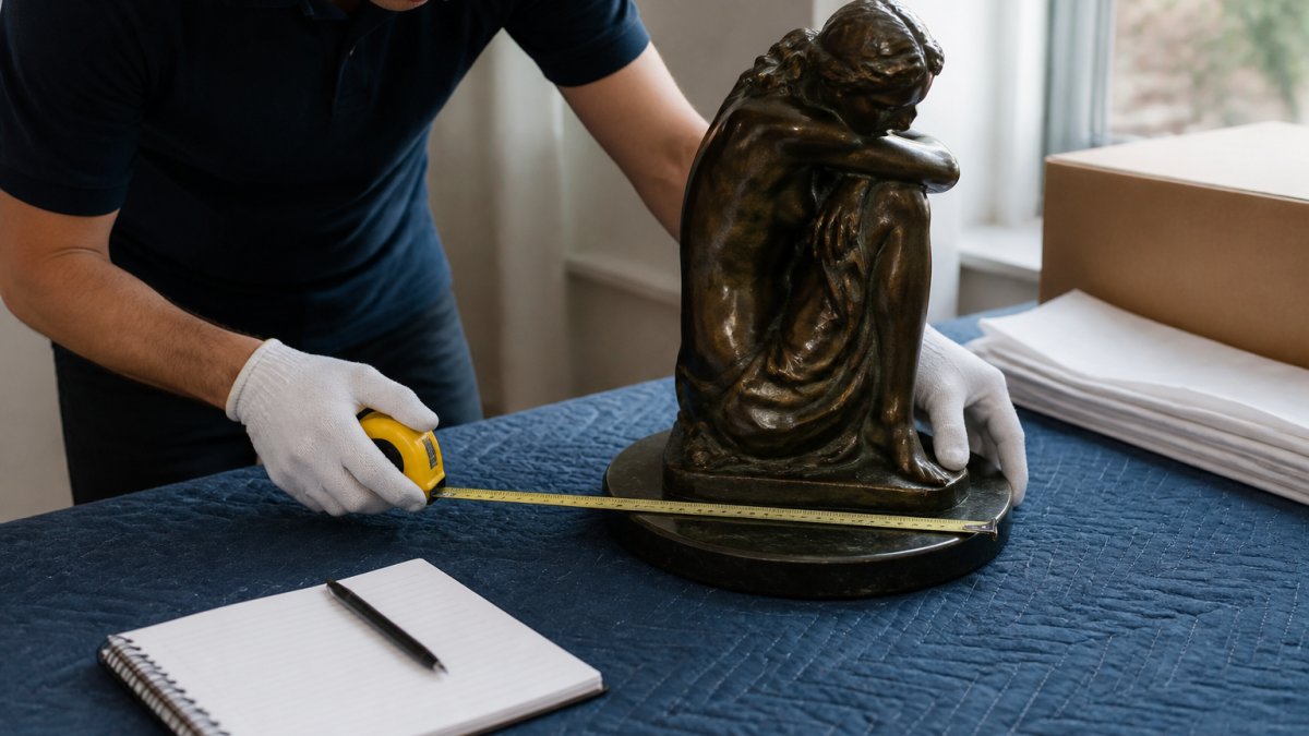 A packer in gloves measuring the base of a bronze sculpture with a tape measure on a padded work table, notebook and pen beside it, soft natural light from a nearby window