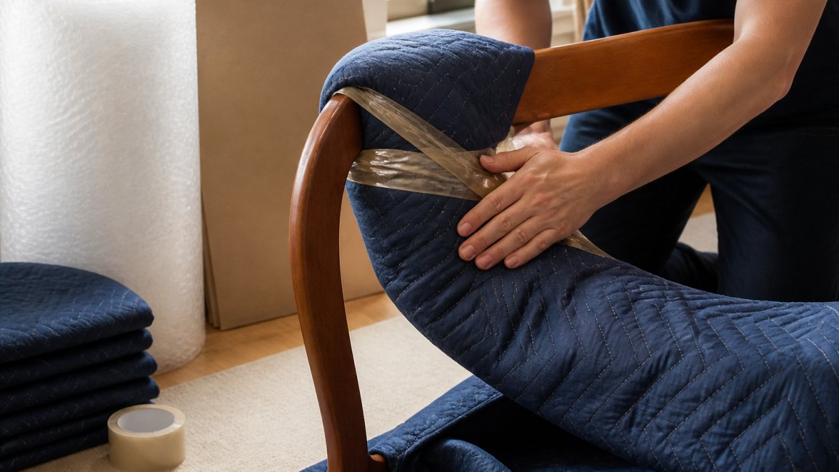 Close-up of hands wrapping a curved wooden chair back with a moving blanket and tape, with bubble wrap and cardboard nearby on a clean floor