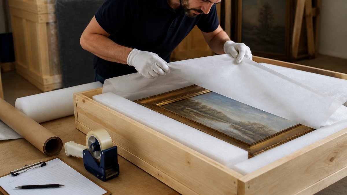 A professional packer in white cotton gloves carefully wrapping a framed painting in archival paper inside a custom wooden crate, with foam padding, a tape dispenser, and a labeled inventory clipboard on a workbench nearby