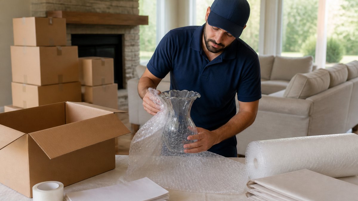 A professional packer in a residential living room carefully wrapping a fragile vase in bubble wrap, with moving boxes and packing materials arranged nearby