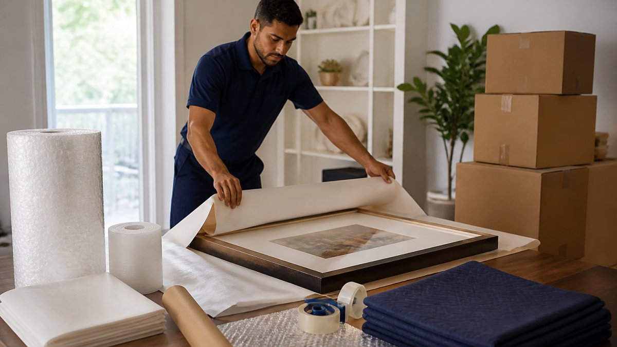 A professional packer in uniform carefully wrapping a large framed picture in protective paper inside a bright home, with labeled moving boxes stacked nearby